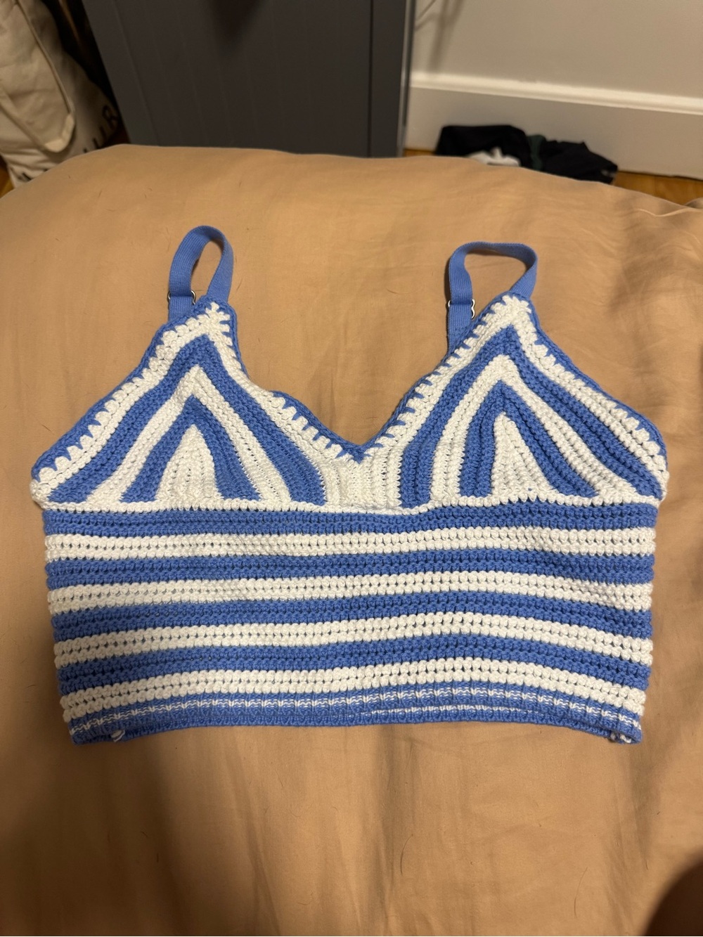 Hollister Blue and White Crochet Stripe Crop Top